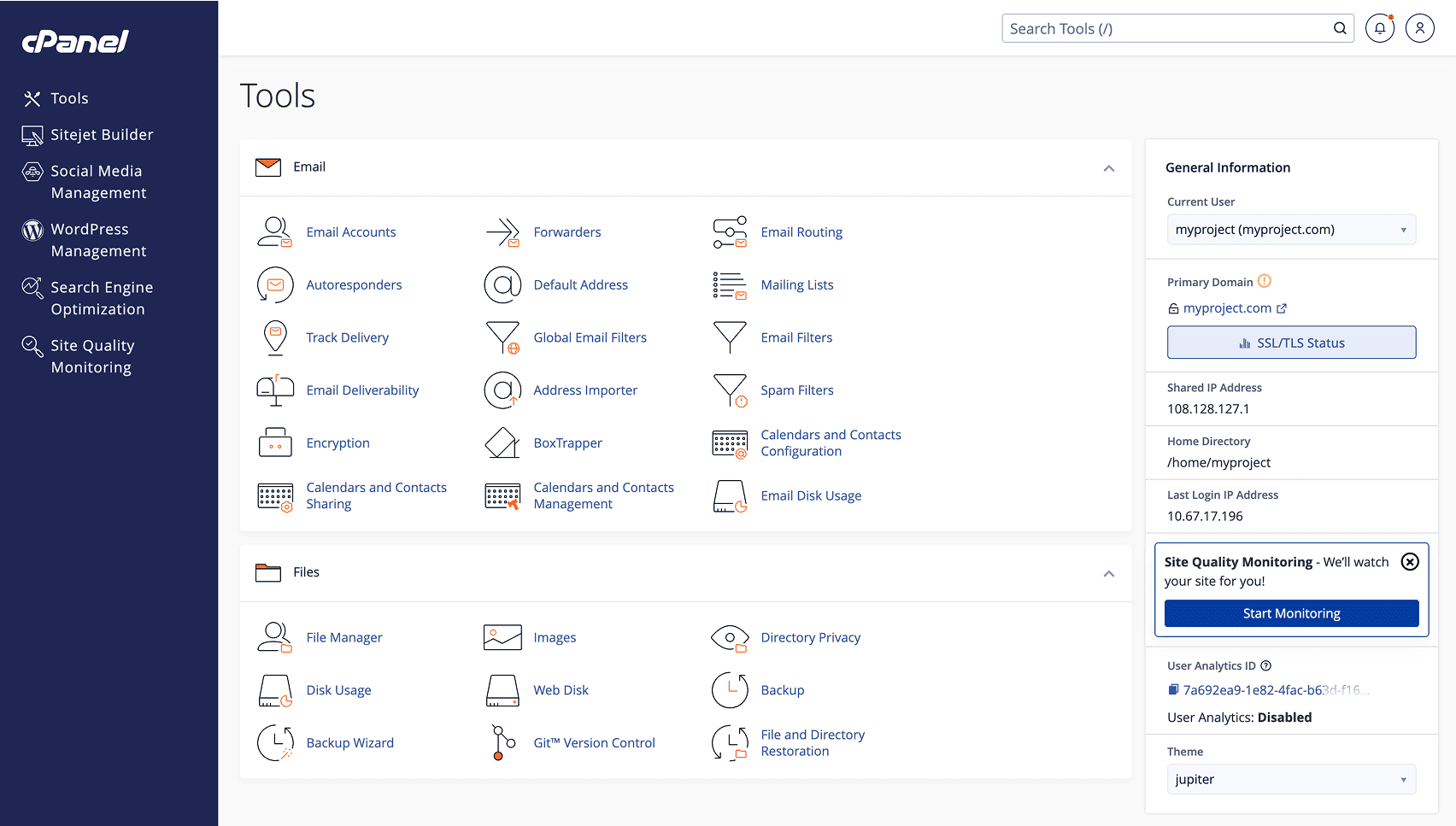 Interface de gerenciamento cPanel Jupiter